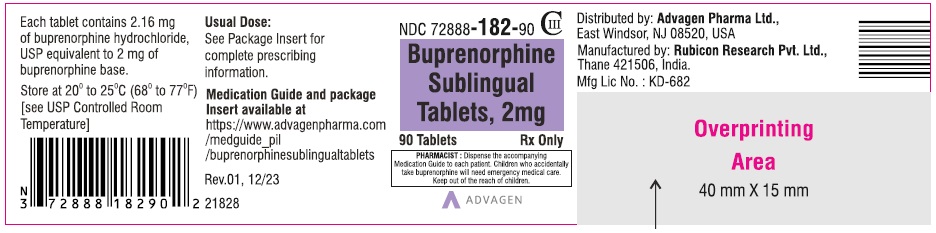 Buprenorphine sublingual tablets 2 mg  - NDC: <a href=/NDC/72888-182-90>72888-182-90</a> - 90 Tablets Label