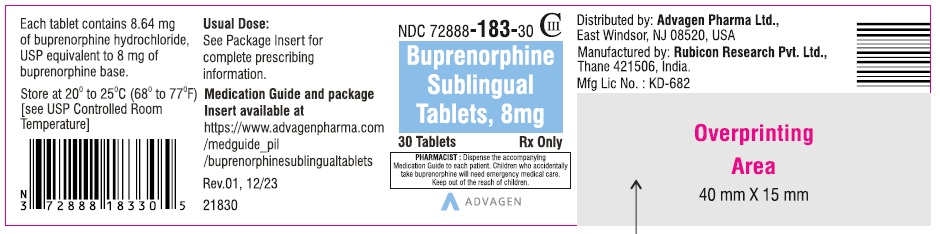Buprenorphine sublingual tablets 8 mg  - NDC: <a href=/NDC/72888-183-30>72888-183-30</a> - 30 Tablets Label