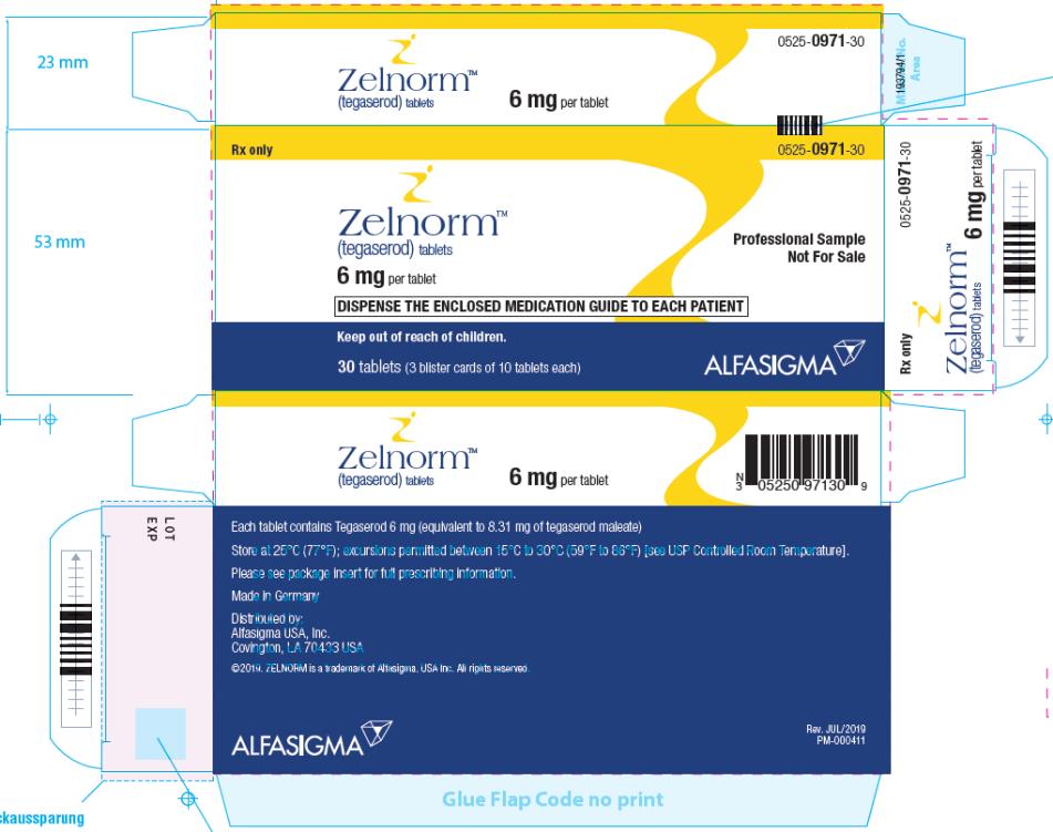 PRINCIPAL DISPLAY PANEL
NDC: <a href=/NDC/0525-0971-30>0525-0971-30</a>
Zelnorm
(tegaserod) tablets
6 mg per tablet
30 tablets (3 blister cards of 10 tablets each)
