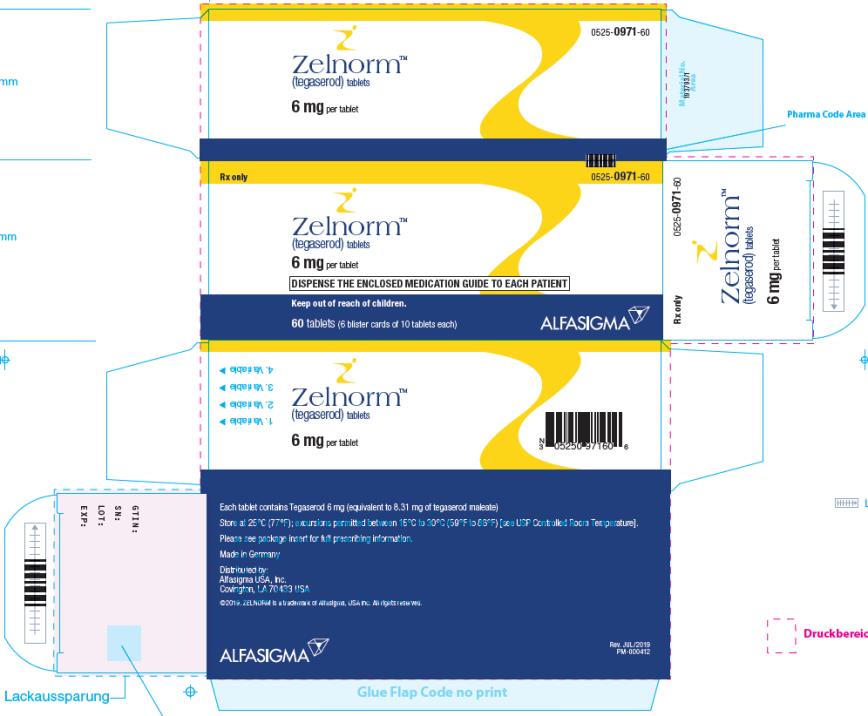 PRINCIPAL DISPLAY PANEL
NDC: <a href=/NDC/0525-0971-60>0525-0971-60</a>
Zelnorm
(tegaserod) tablets
6 mg per tablet
60 tablets (6 blister cards of 10 tablets each)
