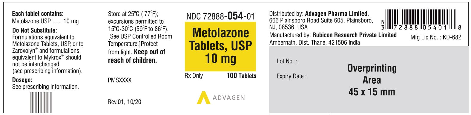 Metolazone Tablets USP, 10mg - NDC: <a href=/NDC/72888-054-01>72888-054-01</a> - 100 Tablets Bottle Label