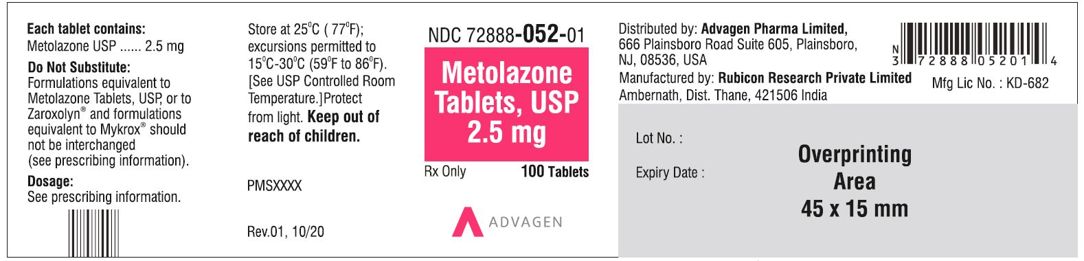 Metolazone Tablets USP, 2.5mg - NDC: <a href=/NDC/72888-052-01>72888-052-01</a> - 100 Tablets Bottle Label