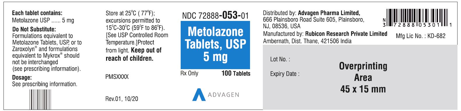 Metolazone Tablets USP, 5mg - NDC: <a href=/NDC/72888-053-01>72888-053-01</a> - 100 Tablets Bottle Label