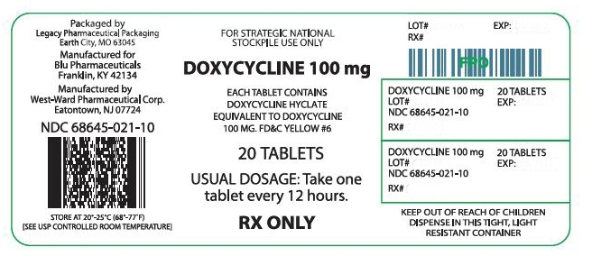 NDC: <a href=/NDC/68645-021-20>68645-021-20</a> For Stockpile Use Only Doxycycline 100 mg 20 Tablets, USP Rx Only