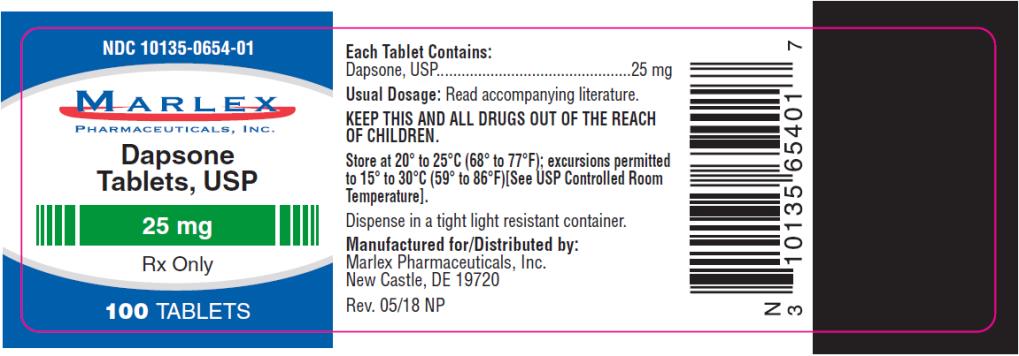PRINCIPAL DISPLAY PANEL
NDC: <a href=/NDC/10135-0654-0>10135-0654-0</a>1
Dapsone
Tablets, USP
25 mg
100 TABLETS
Rx Only
