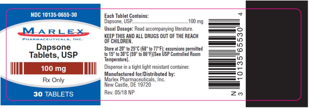 PRINCIPAL DISPLAY PANEL
NDC: <a href=/NDC/10135-0655-3>10135-0655-3</a>0
Dapsone
Tablets, USP
100 mg
30 TABLETS
Rx Only
