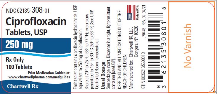Ciprofloxacin Tablets,USP 250 mg - NDC: <a href=/NDC/62135-308-01>62135-308-01</a> - 100 Tablets Label
