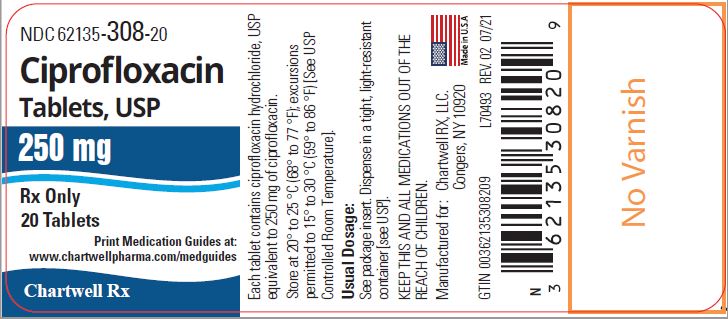 Ciprofloxacin Tablets,USP 250 mg - NDC: <a href=/NDC/62135-308-20>62135-308-20</a> - 20 Tablets Label