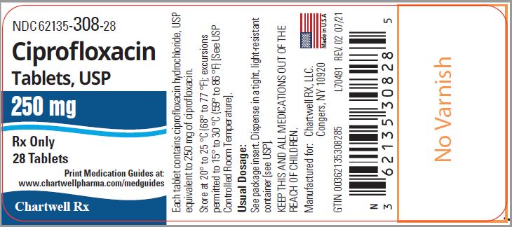 Ciprofloxacin Tablets,USP 250 mg - NDC: <a href=/NDC/62135-308-28>62135-308-28</a> - 28 Tablets Label