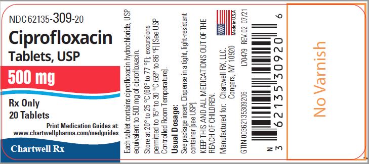 Ciprofloxacin Tablets,USP 500 mg - NDC: <a href=/NDC/62135-309-20>62135-309-20</a> - 20 Tablets Label