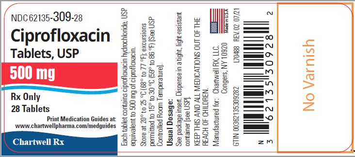 Ciprofloxacin Tablets,USP 500 mg - NDC: <a href=/NDC/62135-309-28>62135-309-28</a> - 28 Tablets Label