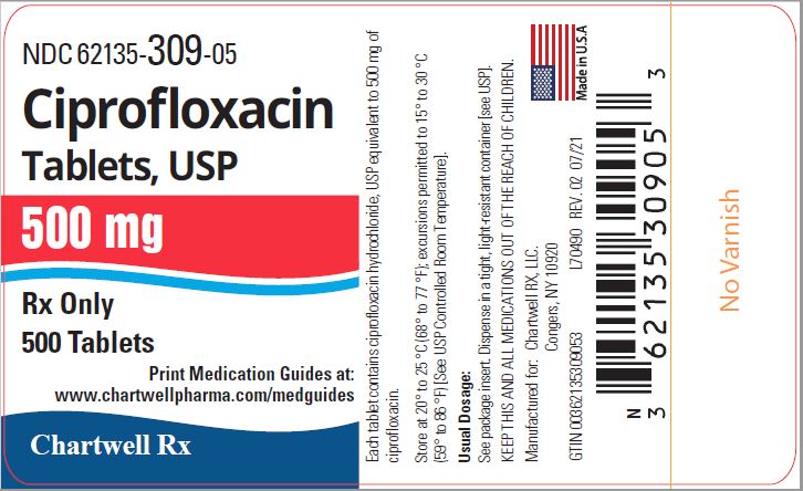 Ciprofloxacin Tablets,USP 500 mg - NDC: <a href=/NDC/62135-309-05>62135-309-05</a> - 500 Tablets Label