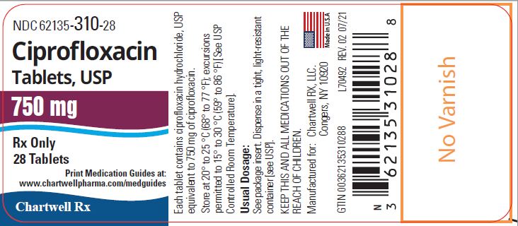 Ciprofloxacin Tablets,USP 750 mg - NDC: <a href=/NDC/62135-310-28>62135-310-28</a> - 28 Tablets Label