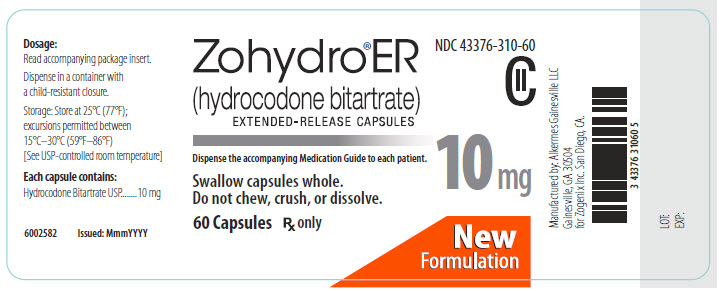 NDC: <a href=/NDC/43376-310-60>43376-310-60</a> Zohydro ER (hydrocodone bitartrate) Extended-Release Capsules 10 mg 60 Capsules Rx Only