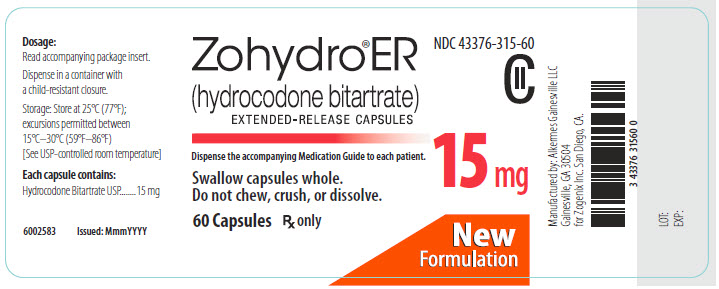 NDC: <a href=/NDC/43376-315-60>43376-315-60</a> Zohydro ER (hydrocodone bitartrate) Extended-Release Capsules 15 mg 60 Capsules Rx Only