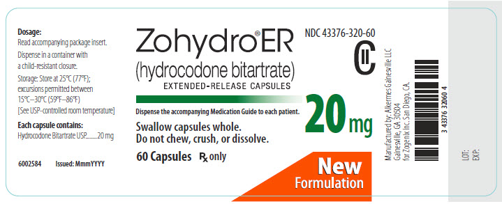 NDC: <a href=/NDC/43376-320-60>43376-320-60</a> Zohydro ER (hydrocodone bitartrate) Extended-Release Capsules 20 mg 60 Capsules Rx Only