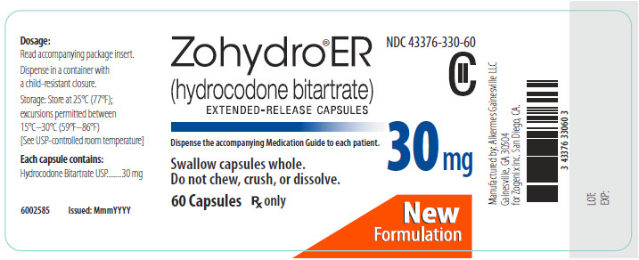 NDC: <a href=/NDC/43376-330-60>43376-330-60</a> Zohydro ER (hydrocodone bitartrate) Extended-Release Capsules 30 mg 60 Capsules Rx Only