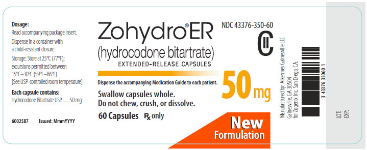 NDC: <a href=/NDC/43376-350-60>43376-350-60</a> Zohydro ER (hydrocodone bitartrate) Extended-Release Capsules 50 mg 60 Capsules Rx Only