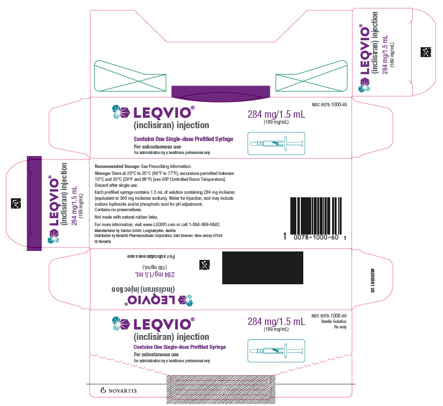 PRINCIPAL DISPLAY PANEL
									LEQVIO®
									(inclisiran) injection
									Contains One Single-dose Prefilled Syringe
									For subcutaneous use
									For administration by a healthcare professional only
									284 mg/1.5 mL
									(189 mg/mL)
									NDC: <a href=/NDC/0078-1000-60>0078-1000-60</a>
									Sterile Solution
									Rx only
									NOVARTIS
							