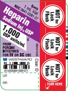 NOT for Lock Flush Rx only 1 mL Vial NDC: <a href=/NDC/0641-0391-37>0641-0391-37</a> Heparin Sodium Inj., USP 1,000 USP units/mL FROM PORCINE INTESTINES FOR IV OR SC USE