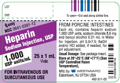 Rx only NDC: <a href=/NDC/0641-0391-12>0641-0391-12</a> Heparin Sodium Injection, USP 1,000 USP units/mL 25 X 1 mL Vials FOR INTRAVENOUS OR SUBCUTANEOUS USE FROM PORCINE INTESTINES Each mL contains heparin sodium 1,000 USP units, sodium chloride 8.6 mg and benzyl alcohol 0.01 mL in Water for Injection. pH 5.0-7.5; NaOH and/or HCI added, if needed, for pH adjustment. Usual Dosage: See package insert. Store at 20º-25ºC (58º-77ºF) [See USP Controlled Room Temperature].