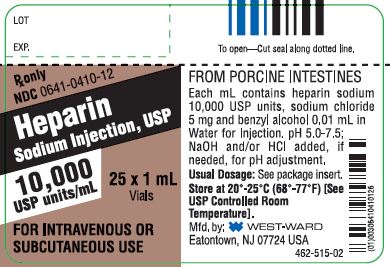 Rx only NDC: <a href=/NDC/0641-0410-12>0641-0410-12</a> Heparin Sodium Injection, USP 10,000 USP units/mL 25 X 1 mL Vials FOR INTRAVENOUS OR SUBCUTANEOUS USE FROM PORCINE INTESTINES Each mL contains heparin sodium 10,000 USP units, sodium chloride 5 mg and benzyl alcohol 0.01 mL in Water for Injection. pH 5.0-7.5; NaOH and/or HCI added, if needed, for pH adjustment. Usual Dosage: See package insert. Store at 20º-25ºC (58º-77ºF) [See USP Controlled Room Temperature].