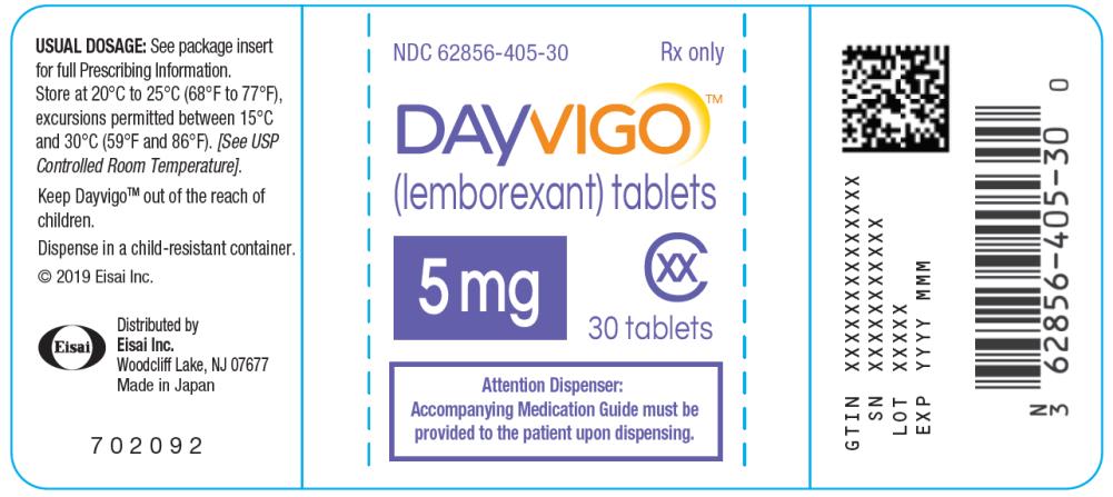 PRINCIPAL DISPLAY PANEL
NDC: <a href=/NDC/62856-405-30>62856-405-30</a>
DAYVIGO
(lemborexant) tablets
5 mg
30 Tablets
