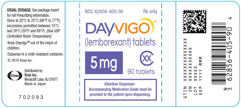 PRINCIPAL DISPLAY PANEL
NDC: <a href=/NDC/62856-405-90>62856-405-90</a>
DAYVIGO
(lemborexant) tablets
5 mg
90 Tablets
