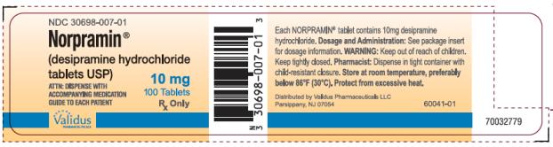 NDC: <a href=/NDC/30698-007-01>30698-007-01</a>

Norpramin® 
(desipramine hydrochloride
tablets USP) 

10mg
100 Tablets
