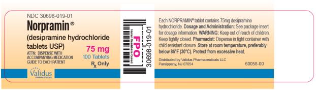 NDC: <a href=/NDC/30698-019-01>30698-019-01</a>

Norpramin® 
(desipramine hydrochloride
tablets USP) 

75 mg
100 Tablets

