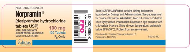 NDC: <a href=/NDC/30698-020-01>30698-020-01</a>

Norpramin® 
(desipramine hydrochloride
tablets USP) 

100 mg
100 Tablets
