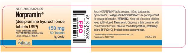 NDC: <a href=/NDC/30698-021-01>30698-021-01</a>

Norpramin® 
(desipramine hydrochloride
tablets USP) 

150 mg
100 Tablets
