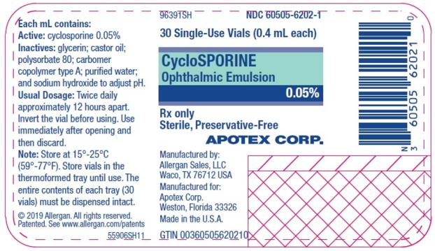 PRINCIPAL DISPLAY PANEL
NDC: <a href=/NDC/60505-6202-1>60505-6202-1</a>
30 Single-Use Vials (0.4 mL each)
CycloSPORINE
Ophthalmic Emulsion
0.05%
Rx Only
Sterile, Preservatice-Free
