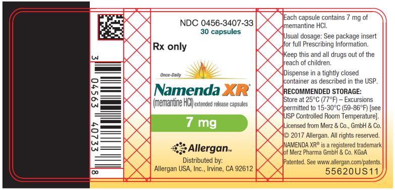 NDC: <a href=/NDC/0456-3407-33>0456-3407-33</a>
30 capsules
Rx only
Once-Daily
Namenda XR®
(memantine HCI) extended release capsules
7 mg

