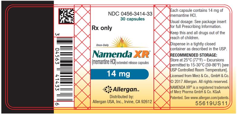 NDC: <a href=/NDC/0456-3414-33>0456-3414-33</a>
30 capsules
Rx only
Once-Daily
Namenda XR®
(memantine HCI) extended release capsules
14 mg
