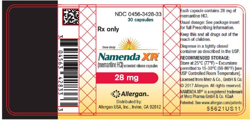 NDC: <a href=/NDC/0456-3428-90>0456-3428-90</a>
90 capsules
Rx only
Once-Daily
Namenda XR®
(memantine HCI) extended release capsules
28 mg

