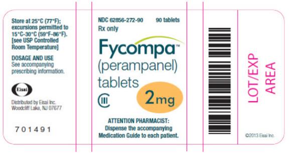 NDC: <a href=/NDC/62856-272-90>62856-272-90</a>
90 tablets
Rx only
Fycompa™
(perampanel)
tablets
CIII
2 mg
ATTENTION PHARMACIST:
Dispense the accompanying
Medication Guide to each patient.
