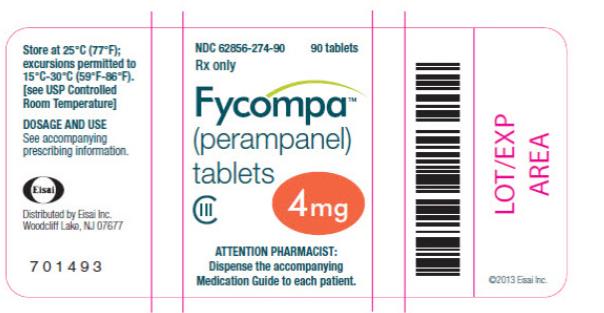 NDC: <a href=/NDC/62856-274-90>62856-274-90</a>
90 tablets
Rx only
Fycompa™
(perampanel)
tablets
CIII
4 mg
ATTENTION PHARMACIST:
Dispense the accompanying
Medication Guide to each patient.
