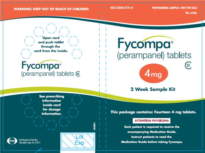 PRINCIPAL DISPLAY PANEL - 4 mg Tablet
NDC: <a href=/NDC/62856-274-14>62856-274-14</a>
14 tablets
Rx only
Fycompa
(perampanel) tablets
CIII
4 mg
2 week sample Kit
