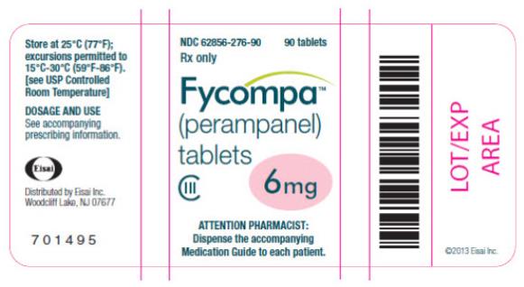 NDC: <a href=/NDC/62856-276-90>62856-276-90</a>
90 tablets
Rx only
Fycompa™
(perampanel)
tablets
CIII
6 mg
ATTENTION PHARMACIST:
Dispense the accompanying
Medication Guide to each patient.
