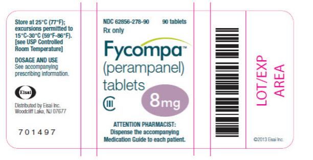 NDC: <a href=/NDC/62856-278-90>62856-278-90</a>
90 tablets
Rx only
Fycompa™
(perampanel)
tablets
CIII
8 mg
ATTENTION PHARMACIST:
Dispense the accompanying
Medication Guide to each patient
