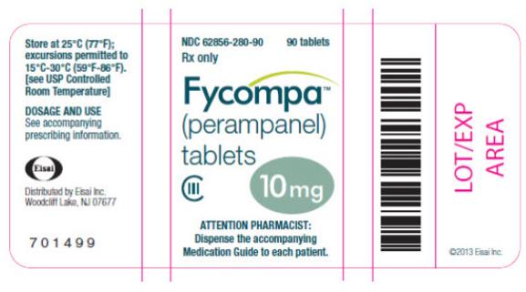 NDC: <a href=/NDC/62856-280-90>62856-280-90</a>
90 tablets
Rx only
Fycompa™
(perampanel)
tablets
CIII
10 mg
ATTENTION PHARMACIST:
Dispense the accompanying
Medication Guide to each patient.
