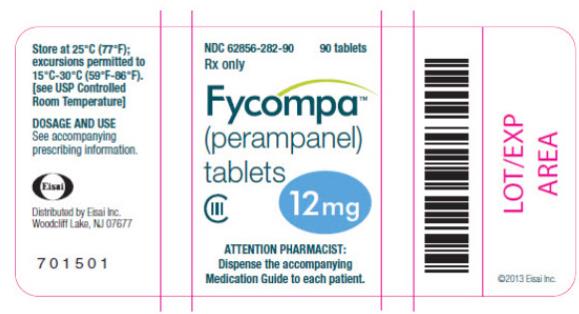 NDC: <a href=/NDC/62856-282-90>62856-282-90</a>
90 tablets
Rx only
Fycompa™
(perampanel)
tablets
CIII
12 mg
ATTENTION PHARMACIST:
Dispense the accompanying
Medication Guide to each patient.
