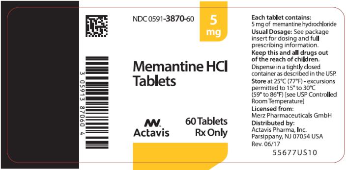 PRINCIPAL DISPLAY PANEL
NDC: <a href=/NDC/0591-3870-60>0591-3870-60</a>
5 mg
Memantine HCl
Tablets
Actavis
60 Tablets
Rx Only
