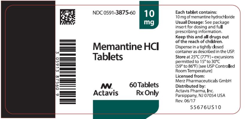 PRINCIPAL DISPLAY PANEL
NDC: <a href=/NDC/0591-3875-60>0591-3875-60</a>
10 mg
Memantine HCl
Tablets
Actavis
60 Tablets
Rx Only
