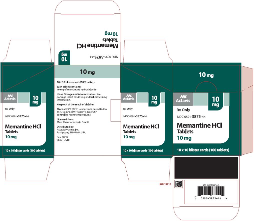 PRINCIPAL DISPLAY PANEL
NDC: <a href=/NDC/0591-3875-44>0591-3875-44</a>
10 mg
Memantine HCl
Tablets
Actavis
10 x 10 blister cards (100 Tablets)
Rx Only
