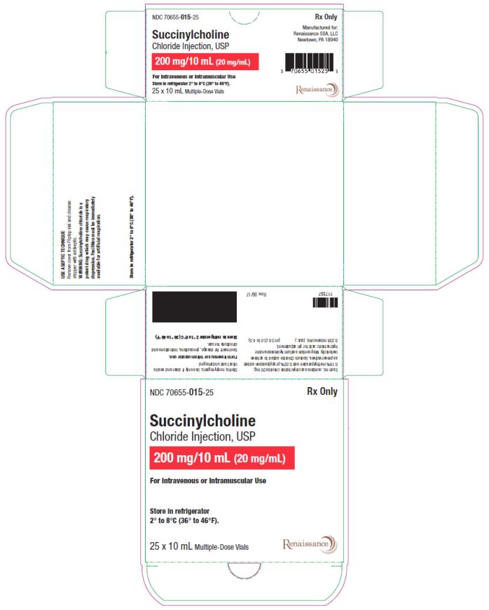 PRINCIPAL DISPLAY PANEL
NDC: <a href=/NDC/70655-015-25>70655-015-25</a>
Succinylcholine
Chloride Injection, USP
200 mg (20 mg/mL)
25 x 10 mL Multiple-dose Vials
Rx Only
