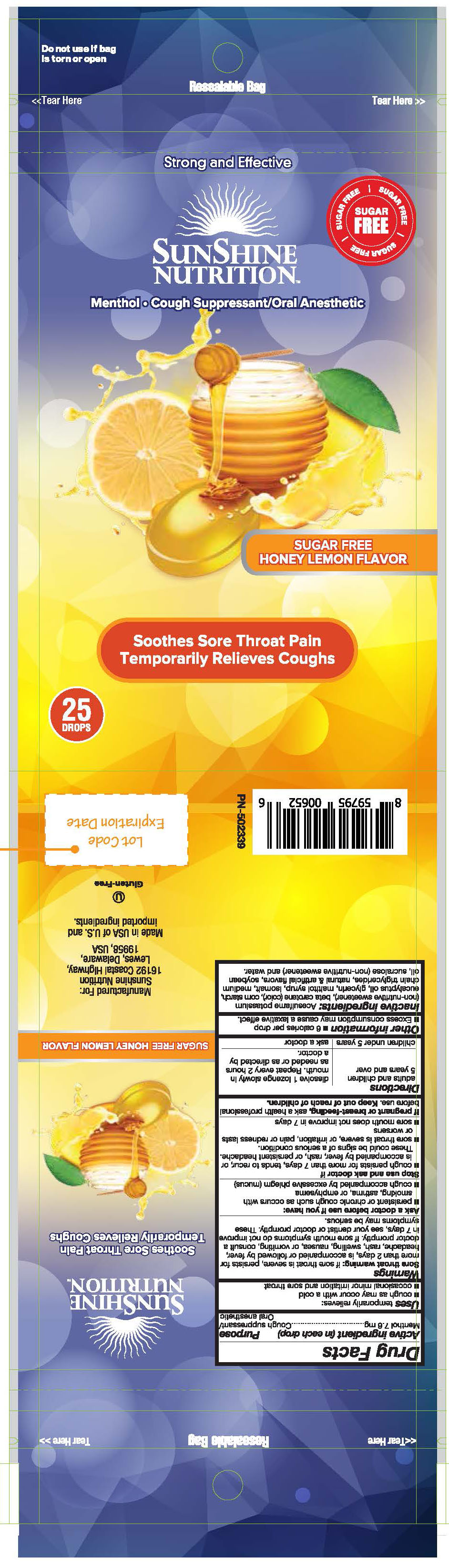 Sunshine Nutrition SF Honey Lemon 25ct cough drops