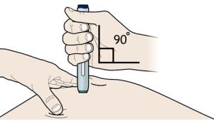G  Hold the stretch or pinch. With the white cap off, place the autoinjector on your skin at 90 degrees.