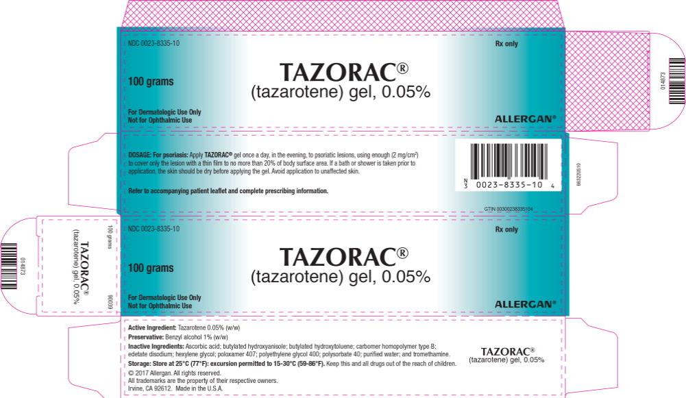 PRINCIPAL DISPLAY PANEL
NDC: <a href=/NDC/0023-8335-10>0023-8335-10</a>
TAZORAC
(tazarotene)gel, 0.05%
100 grams
Rx Only
